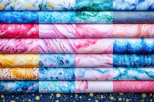 Set of neatly arranged business cards featuring vibrant abstract designs is displayed from top down view on polished marble surface emphasizing modern aesthetics photo