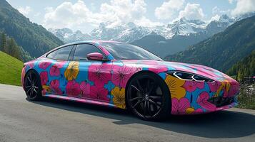 unique car featuring bright floral design is showcased on scenic mountain road surrounded lush greenery and majestic peaks clear sky photo