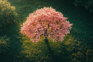 stunning magnolia tree showcases large soft petals in shades of pink and white creating beautiful canopy above lush green grass illuminated afternoon sunlight photo