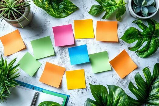 Colorful sticky notes scattered on white desk display handwritten ideas in professional flat design. Nearby are green plants and stationery elements enhancing workspace photo
