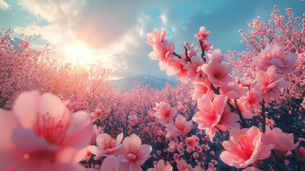 Peach trees fully bloom vivid pink flowers on lush hillside illuminated sunlight streaming through thin clouds creating breathtaking natural landscape photo