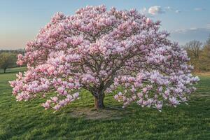 stunning magnolia tree bursts large pastel pink and white petals creating beautiful canopy over grassy field as radiant sunlight bathes scene in warm tones photo