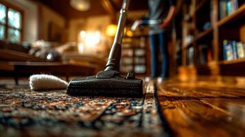 vacuum cleaner is positioned in foreground while person tidies up bookshelf in background highlighting action of cleaning and organizing living area photo