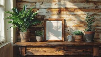 beautifully arranged mantelpiece showcases customizable photo frame surrounded lush green plants. warm natural lighting highlights wooden texture and enhances peaceful ambiance