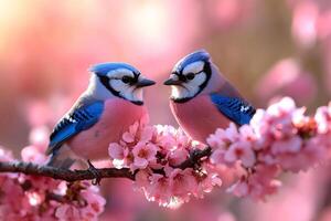 Two blue jays sit closely on branch of cherry tree adorned blooming pink flowers. early morning light enhances their vibrant colors as they interact one another photo