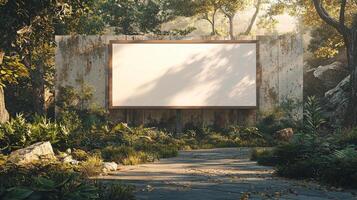wide shot showcases flat design mockup of outdoor billboard set in lush park. Bright daylight filters through trees highlighting customizable ad space and natural surroundings photo