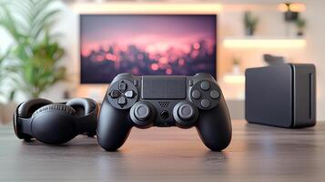 professional flat design mockup displays gaming controller on neon lit desk. setup includes headphones and monitor in background creating sleek gaming atmosphere photo