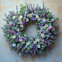 beautifully crafted circular spring wreath features vibrant lavender eucalyptus leaves and small daisies. arrangement is showcased on marble tabletop illuminated gentle natural light photo