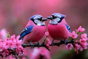 Two vibrant blue jays rest on branch of cherry tree surrounded delicate pink flowers. soft light of early morning enhances their vivid colors and serene setting photo
