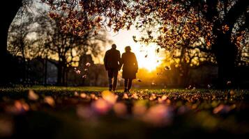 senior couple walks arm in arm along tranquil park path lined blooming magnolia trees as birds fly in warm glow of sunset photo