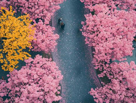 lively park path is covered in pink petals visitors enjoying leisurely stroll. Blooming cherry trees create picturesque spring atmosphere filled joy photo