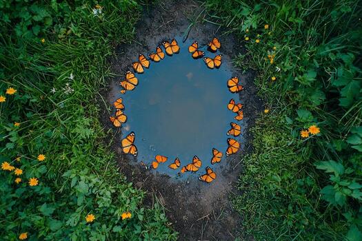 grupo de vistoso mariposas congrega alrededor superficial charco en vibrante jardín. su sorprendentes patrones y colores reflejar hermosamente en agua superficie foto