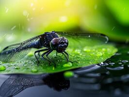 dragonfly rests on water lily leaf as gentle ripples dance across water's surface reflecting warm hues of afternoon light for serene moment in nature photo