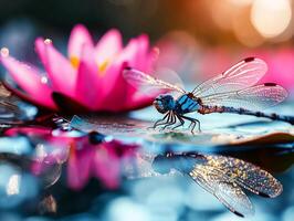 dragonfly intricate wings rests peacefully on water lily leaf its silhouette mirrored on gentle ripples of water illuminated warm afternoon light photo
