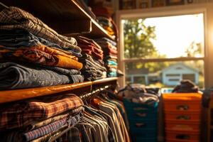 person is organizing closet neatly folded clothes stacked on shelves colorful storage bins in background and bright natural light streaming through window photo