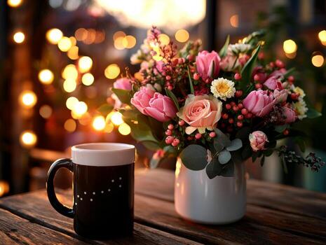minimalist spring bouquet is arranged in white ceramic vase showcasing vibrant tulips daffodils and eucalyptus branches placed on wooden coffee table in cozy setting photo