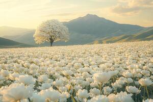 vibrant field teeming blooming white wildflowers surrounds single tree covered in white blossoms. warm afternoon sunlight casts tranquil glow over landscape enhancing its beauty photo