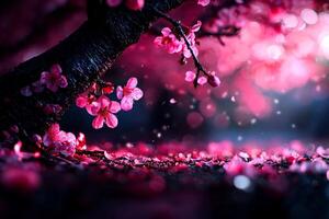Captivating low angle shot highlights blooming Japanese plum tree adorned delicate pink and white flowers soft golden hour lighting emphasizing beauty of nature photo