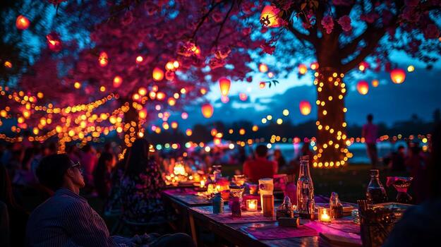 Lanterns glow softly in park adorned blooming trees as visitors admire vibrant atmosphere during spring festival sunset creating magical setting photo