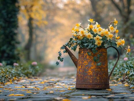 rustic watering can overflowing vibrant daffodils and lush ivy stands on stone garden path. It captures essence of warm spring afternoon filled blooming flowers photo