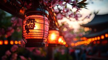 Colorful lanterns hang gracefully from blooming trees as crowds gather enjoy enchanting atmosphere of spring festival sunset. Soft lighting enhances magical experience photo