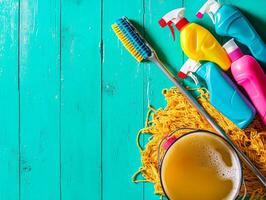 Brightly colored cleaning supplies are organized neatly on tiled floor showcasing mop bucket and various spray bottles. arrangement emphasizes efficient cleaning setup photo