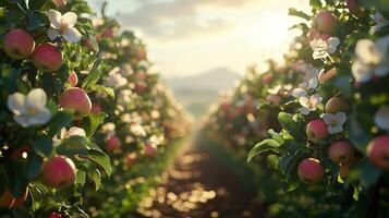 Rows of apple trees in full bloom extend horizon clear spring sky. Each tree is adorned white and pink flowers alongside developing apples creating vibrant landscape photo