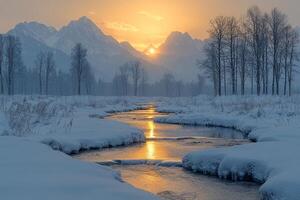 Golden hour light illuminates serene valley as river weaves through patches of melting snow. Distant mountains rise against picturesque sunset backdrop creating tranquil landscape photo