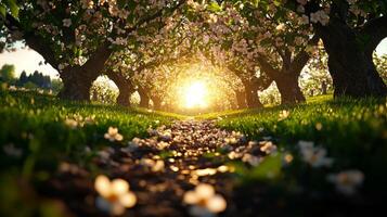 serene orchard showcases vibrant apple trees in full bloom adorned delicate white and pink flowers. sun sets warmly casting glow on winding path lined petals photo