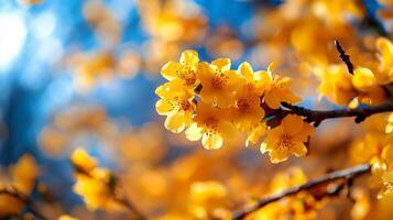 Bright yellow forsythia flowers bloom on branch beautifully contrasting vivid blue sky and soft clouds. delicate blossoms create stunning visual display of springtime beauty photo