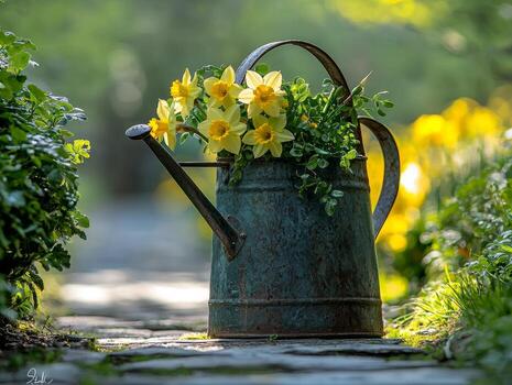 rustic watering can overflows vibrant daffodils and fresh ivy resting on stone garden path lined blooming flowers warm afternoon light photo
