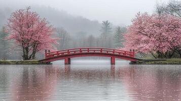 picturesque wooden bridge gracefully arches over calm river photo