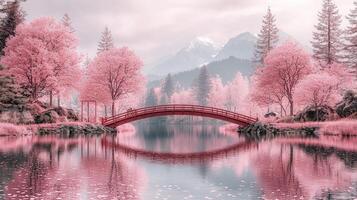 gracefully arched wooden bridge crosses serene river adorned cherry blossom trees in full bloom. Soft pink petals float around creating peaceful and dreamlike setting photo