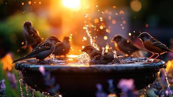 group of sparrows bathes in small stone birdbath sending droplets of water flying. They are surrounded beautiful lavender in bright midday sunlight creating lively atmosphere photo
