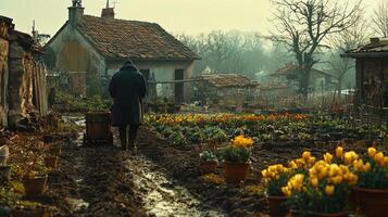 person is tilling soil in garden set for spring. Flowerpots blooming flowers are neatly arranged along fence bright afternoon light photo
