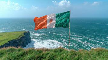 stunning landscape showcases Cliffs of Moher featuring vibrant Irish flag waving fiercely as waves crash against cliffs dramatic storm clouds photo