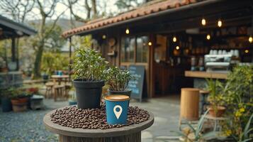 Coffee beans are artistically arranged into geolocation symbol on small round table in cozy outdoor cafe. European style coffee shop outdoor seating adds charm atmosphere photo