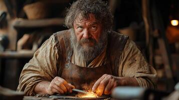 In rustic workshop muscular blacksmith in leather apron hammers glowing horseshoe on anvil creating sparks and showcasing traditional metalwork skills photo