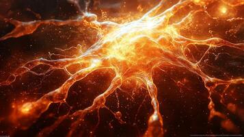 Glowing golden filaments stretch across darkness forming vast network of galaxies resemble intricate neural pathways representing universe's formation after Big Bang photo