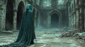 labyrinth lies in ruins engulfed nature's grasp. Vines cover stone walls and tree roots weave through floor. figure in bright green cloak adds mystical aura surroundings photo
