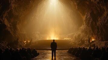 charismatic cult leader stands illuminated golden spotlight preaching silent crowd engrossed in awe and devotion photo