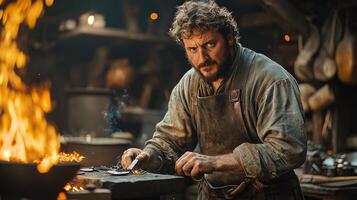 Burly blacksmith in leather apron hammers glowing horseshoe on anvil as sparks fly in rustic workshop. warm glow of fire highlights his focused expression and skill photo