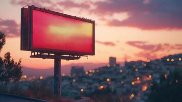 wide shot captures professional flat design mockup of billboard set in cityscape dusk. customizable ad space glows warm colors against evening sky photo
