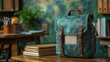 flat design mockup showcases school backpack on classroom desk photo