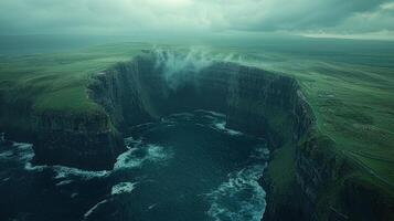 Cliffs of Moher showcase Ireland's natural beauty as storm clouds loom overhead. Irish flag waves in wind while deep blue ocean crashes against rocky cliffs below photo