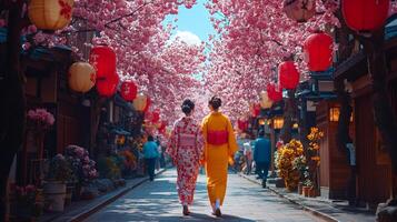 Visitors stroll through picturesque path lined blooming cherry blossom trees and colorful lanterns while dressed in traditional kimonos during vibrant festival in Japan photo