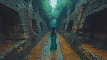 enchanting yet haunting labyrinth lies in ruins consumed nature. Vines and roots intertwine stone. figure in vibrant emerald green cloak enhances fairytale ambiance photo