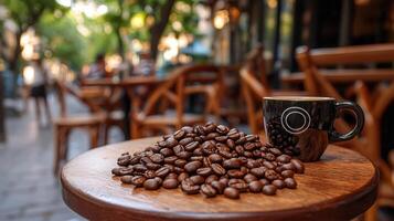 Cozy outdoor cafe features aromatic coffee beans sculpted into geolocation symbol on round table. inviting atmosphere is enhanced European style coffee shop in background photo
