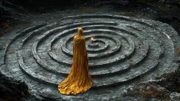 person donning striking golden robe cautiously navigates intricate stone corridors of enormous labyrinth steeped in mystery clutching flickering torch photo