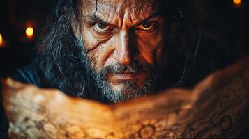 rugged Spanish explorer intensely examines weathered parchment map candlelight inside wooden ship cabin revealing unknown lands and ancient symbols photo